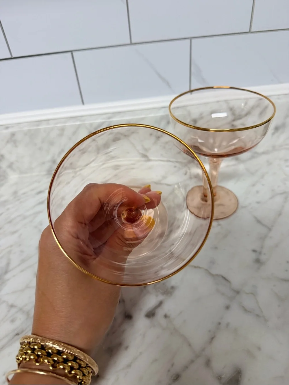 Anthropologie Blush Pink Coupe Glasses with Gold Rim - Set of 2